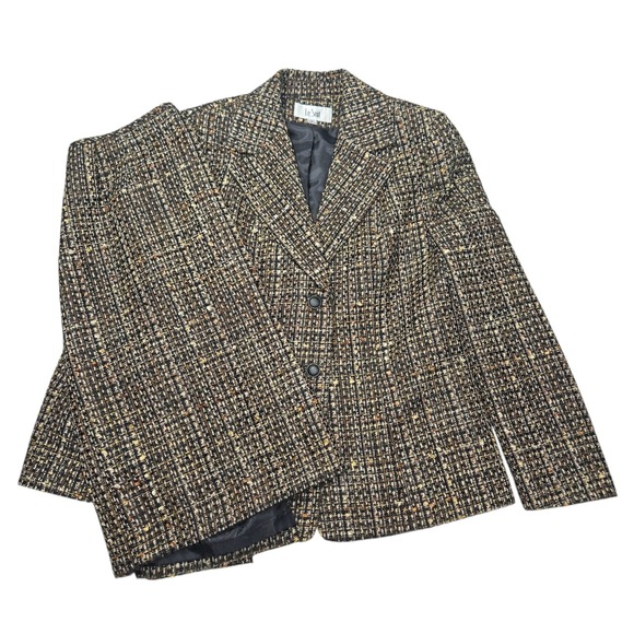 Le Suit Dresses & Skirts - Le Suit VTG Style Tweed Blazer Skirt Set Brown Gold Plaid Sz 10